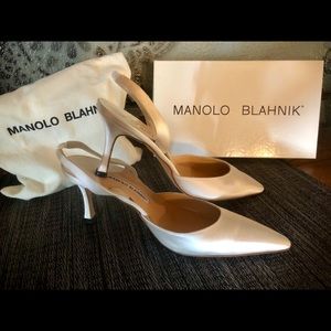 Manolo Blahnik White Satin Slingbacks -